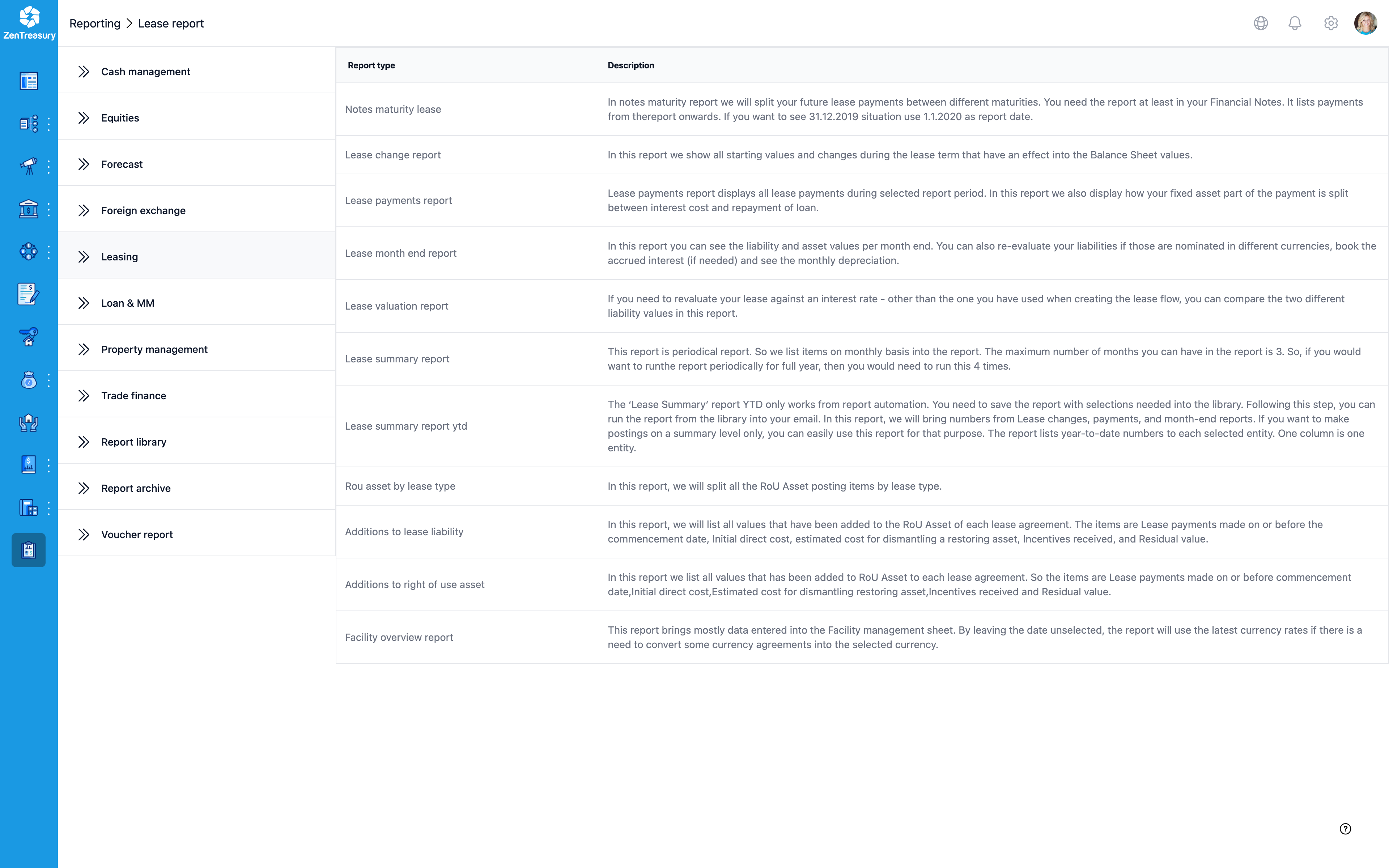 ZenTreasury reports library with IFRS 16 disclosure and maturity-analysis reports