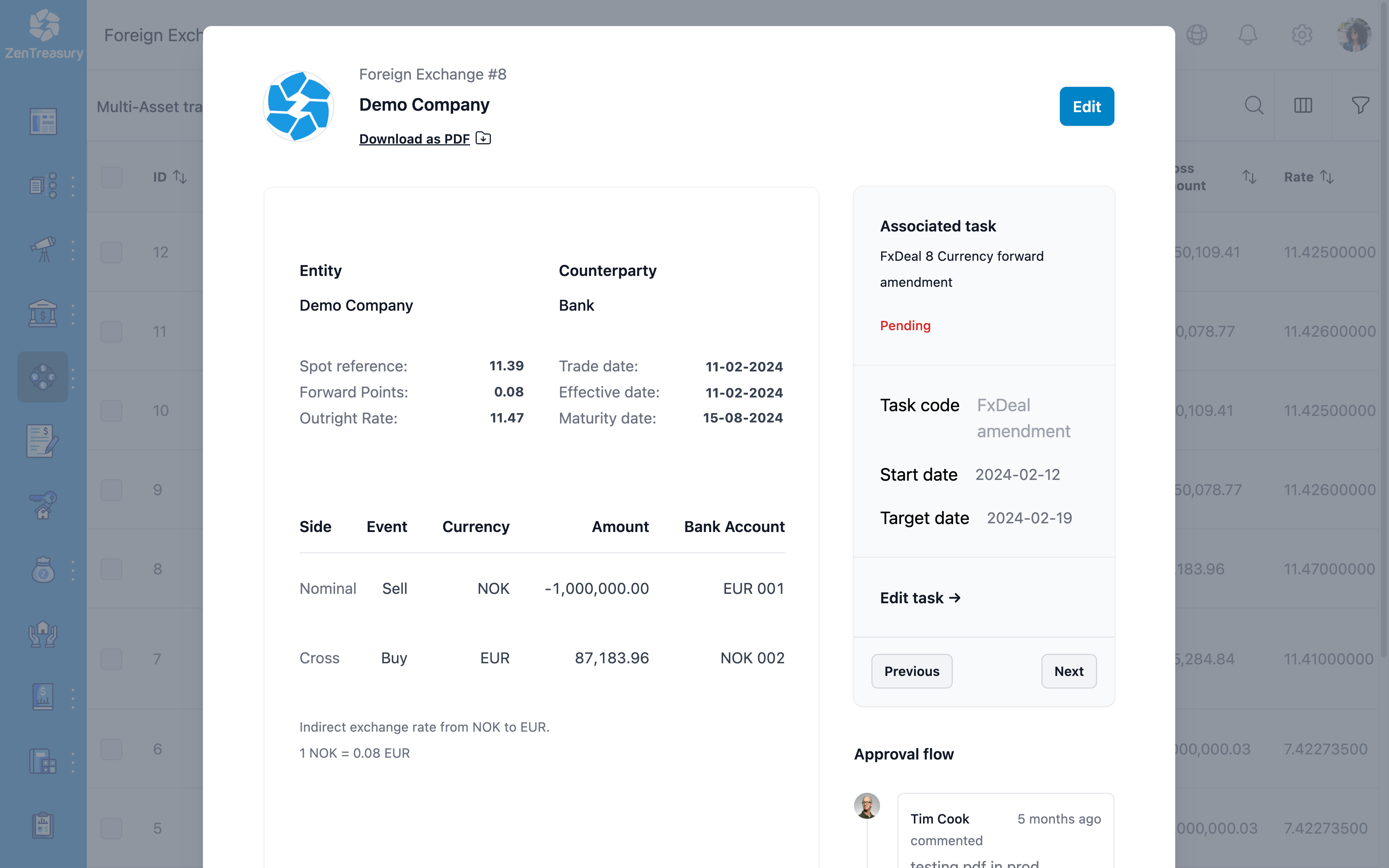 ZenTreasury FX deals management interface