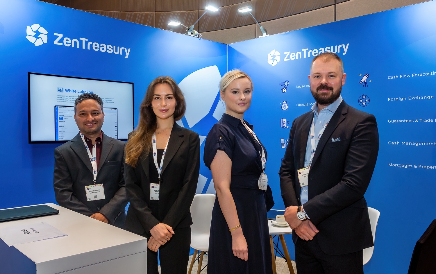 Lars Nevalainen, Founder & CEO (Helsinki) on the right; Ekaterina Minea Krasilnikova, Operations Manager (Dubai) middle left; Prakash Pokhrel, Lead Developer (Dubai) on the left; Laura Karppanen, Business Support Associate (Helsinki) middle right
