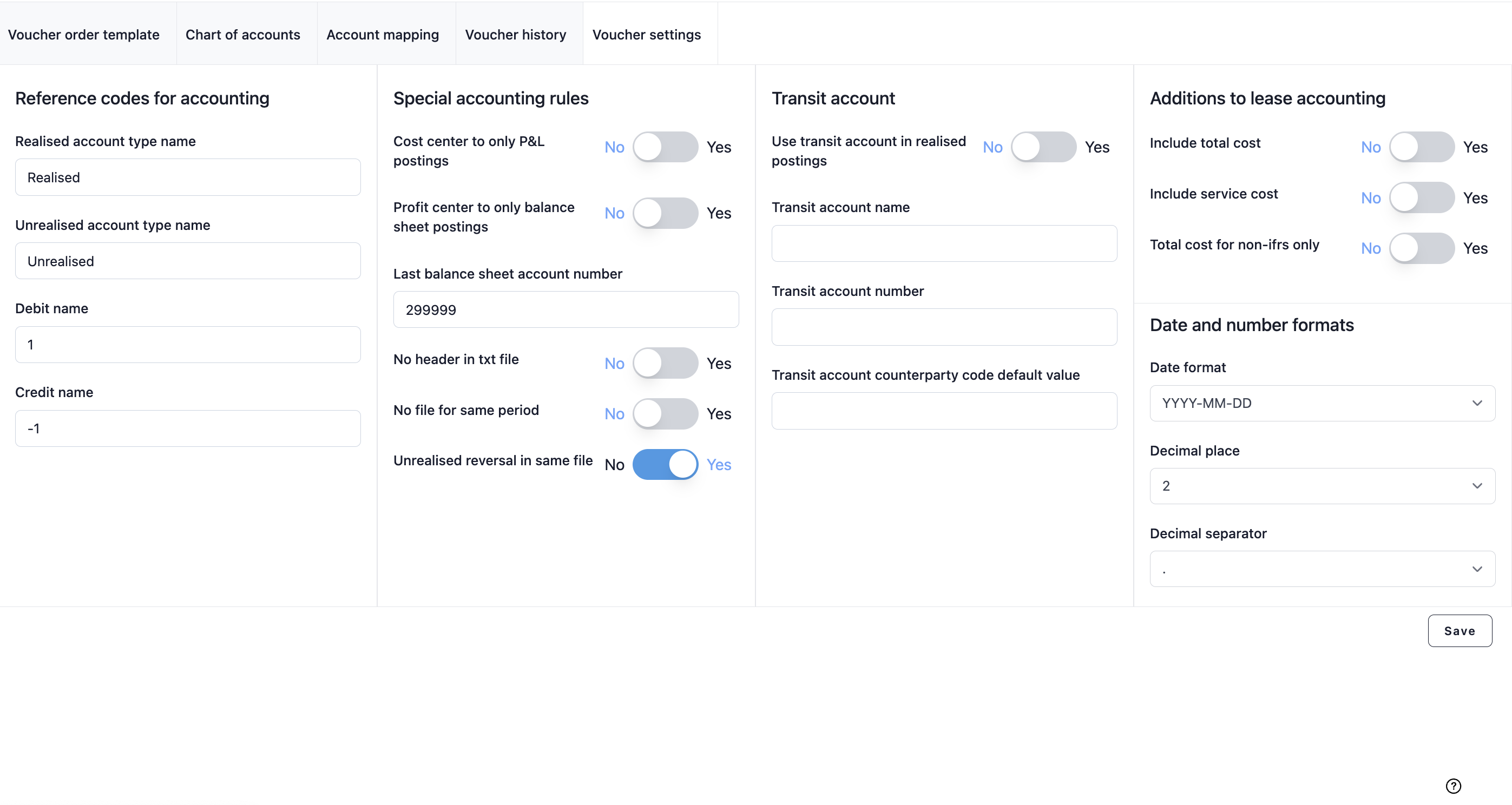 Voucher settings view in ZenTreasury's Accounting Module