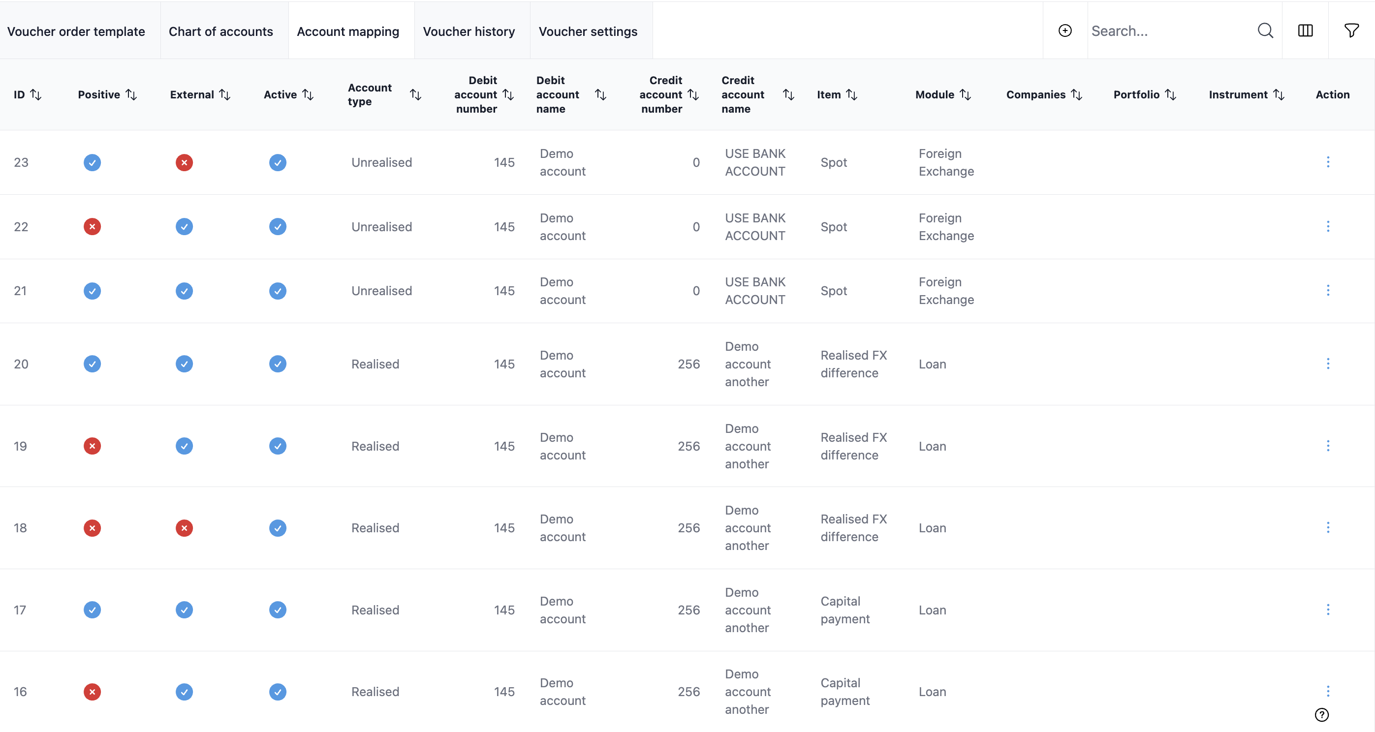 Account mapping view in ZenTreasury's Accounting Module