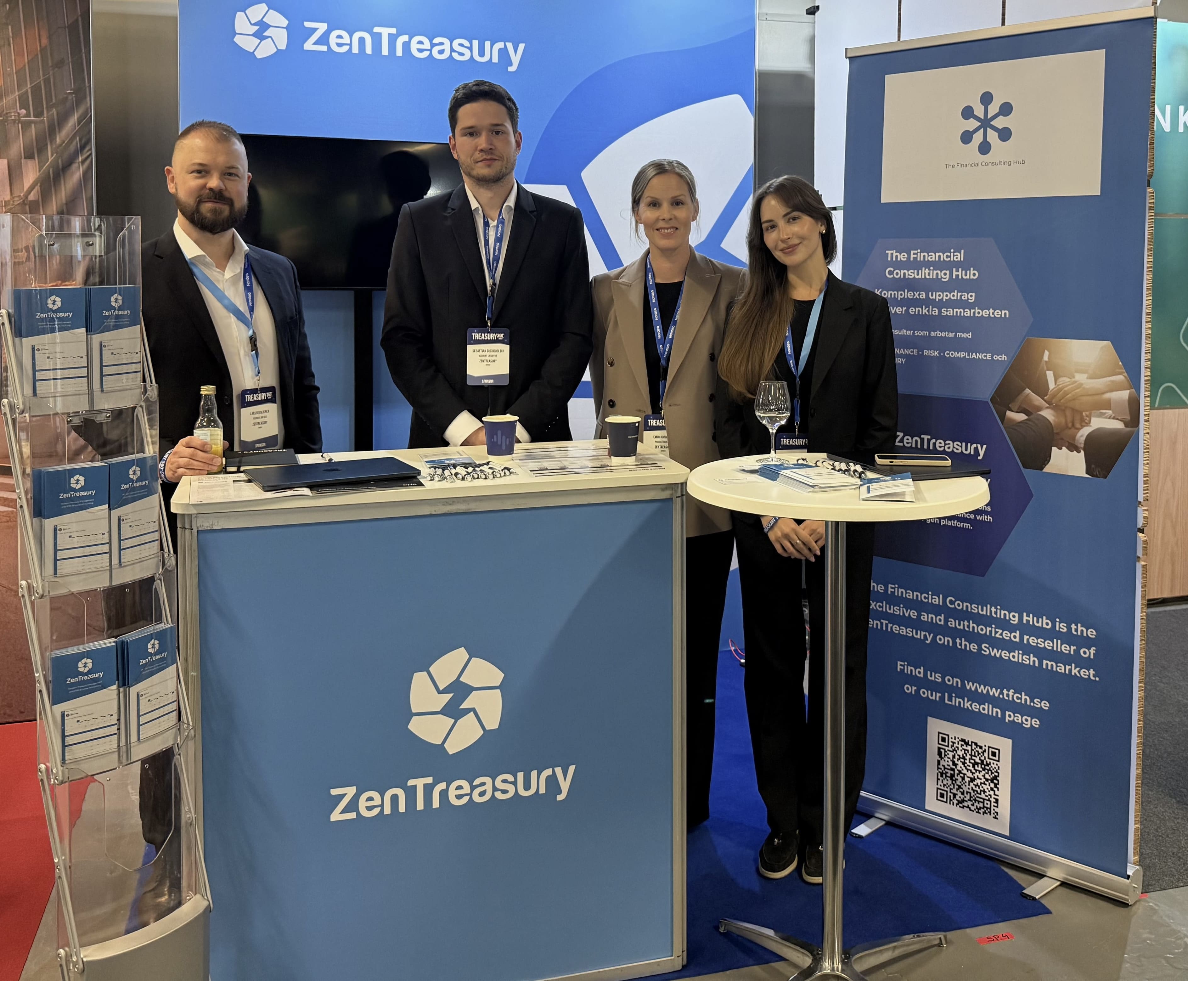 The ZenTreasury team at the Treasury 360° Nordic Conference in Stockholm. From left: Founder & CEO Lars Nevalainen, Account Executive Sebastian Suchodolski, Product Manager Emmi Korhonen, and Customer Success & Operations Manager Ekaterina Minea Krasilnikova.